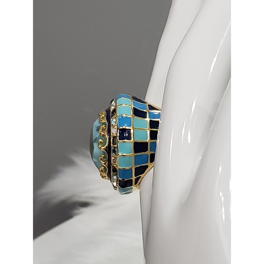 Lauren G Adams Checker blue Enamel Cocktail Ring maximalist whimsical harlequin - Picture 3 of 6